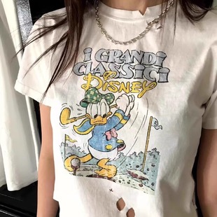 新款 T恤上衣2025夏季 短袖 韩国东大门破洞字母卡通唐老鸭圆领短款