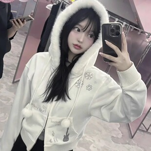 韩国代购 hugyourskin毛领卫衣连帽毛球外套女吴海媛崔叡娜同款