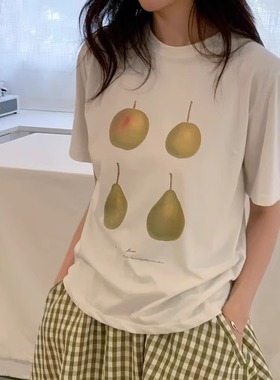 韩国代购fure四个梨子印花短袖薄款休闲舒适圆领T恤女夏季新款