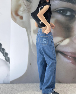 韩国RestAndRecreation字母RR水洗牛仔裤女RR纯色休闲宽松休闲裤