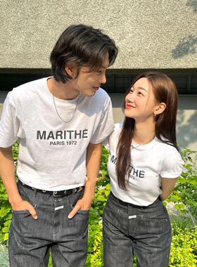韩国代购Marithe简约百搭圆领短袖T恤休闲时尚男女上衣Jennie同款