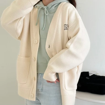 韩国代购Wacky willy小飞人毛衣针织开衫男女同款V领简约外套秋冬