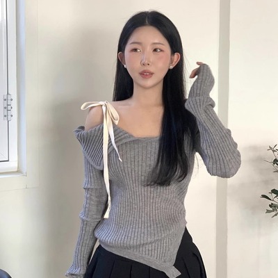 韩国glowny系带针织衫露肩毛衣