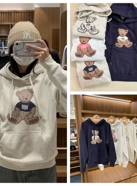 韩国代购 marithe连帽卫衣可爱小熊印花套头帽衫男女同款上衣外套