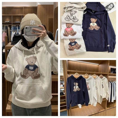 韩国代购 marithe连帽卫衣可爱小熊印花套头帽衫男女同款上衣外套