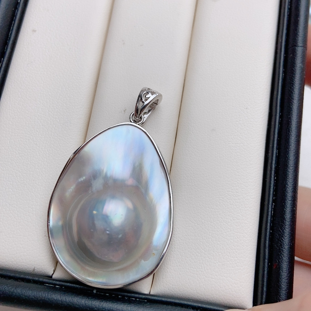 大水滴海水马贝吊坠，纯银