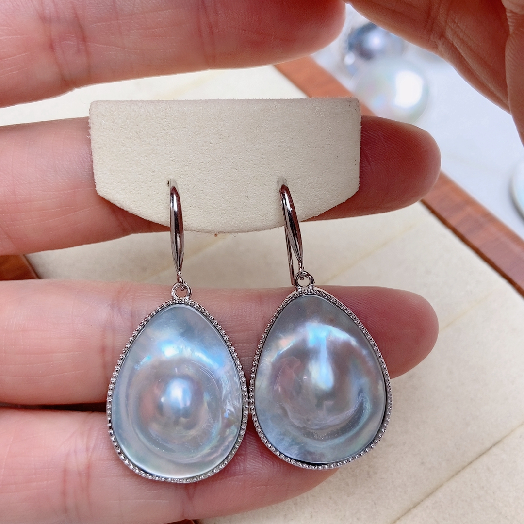 蓝色水滴海水马贝耳环，纯银