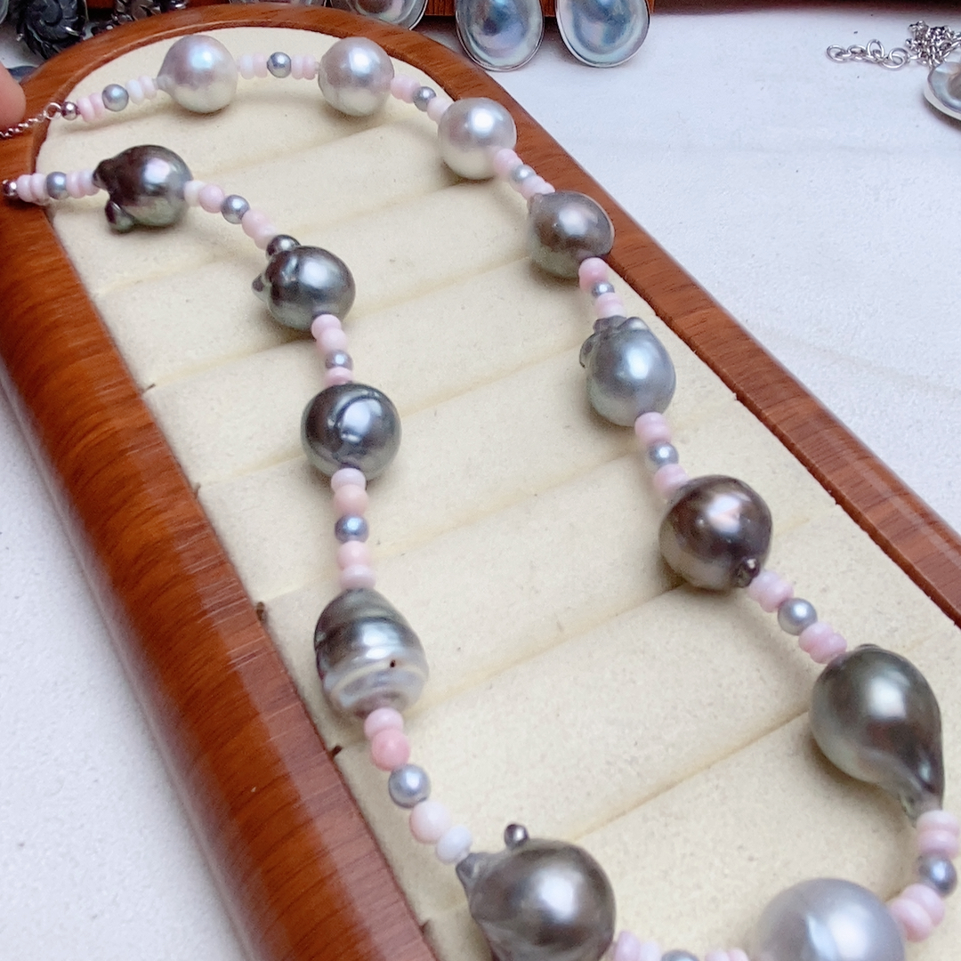 大溪地黑珍珠，灰色akoya项链