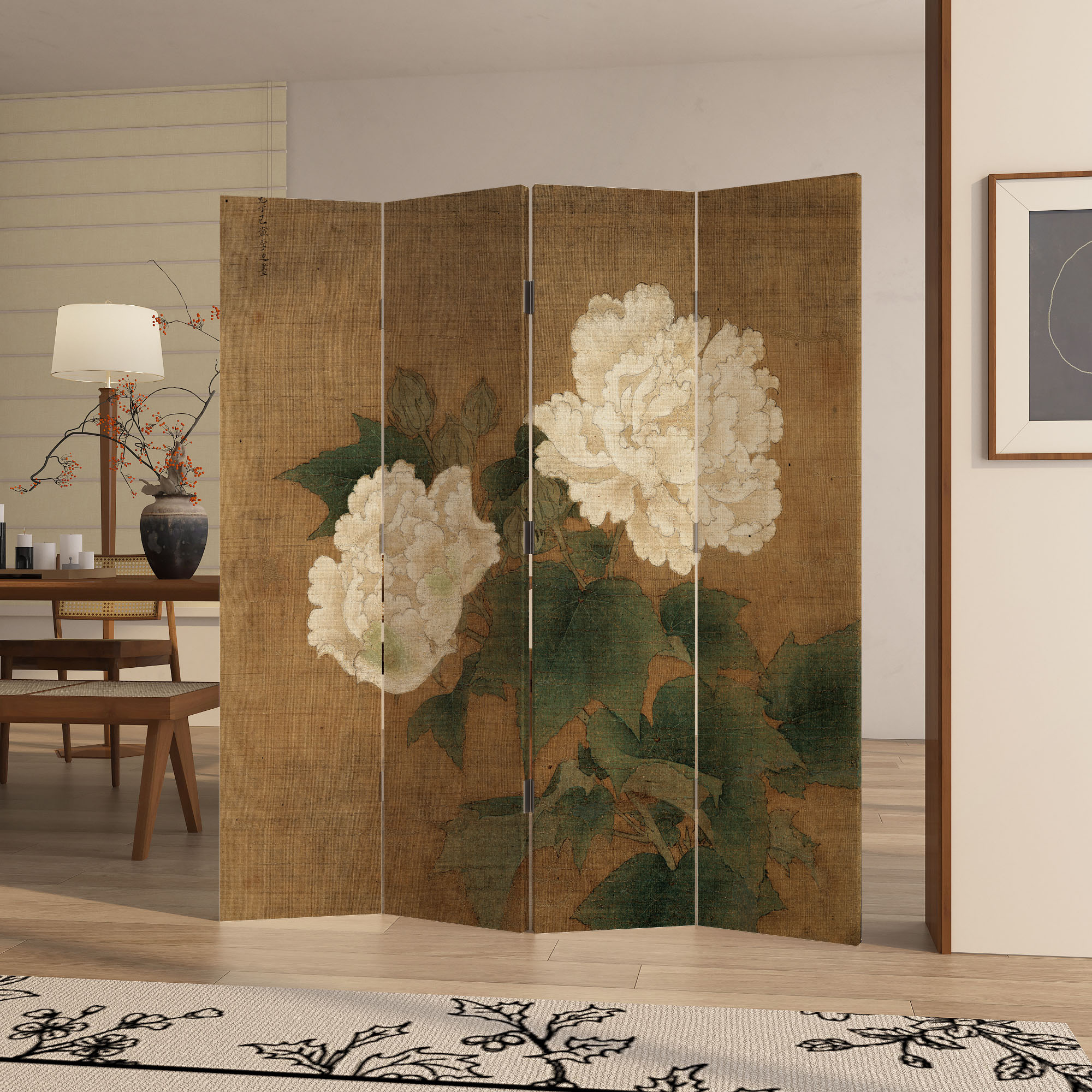 中古风牡丹屏风隔断折屏客厅书房装饰隔断玄关遮挡沙发直播背景