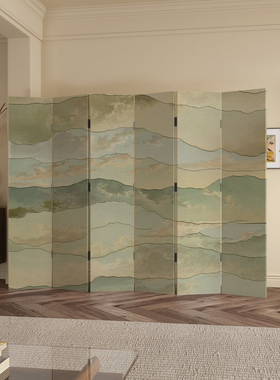 绿色山水画中古风屏风隔断客厅卧室轻奢高级感折叠移动办公室