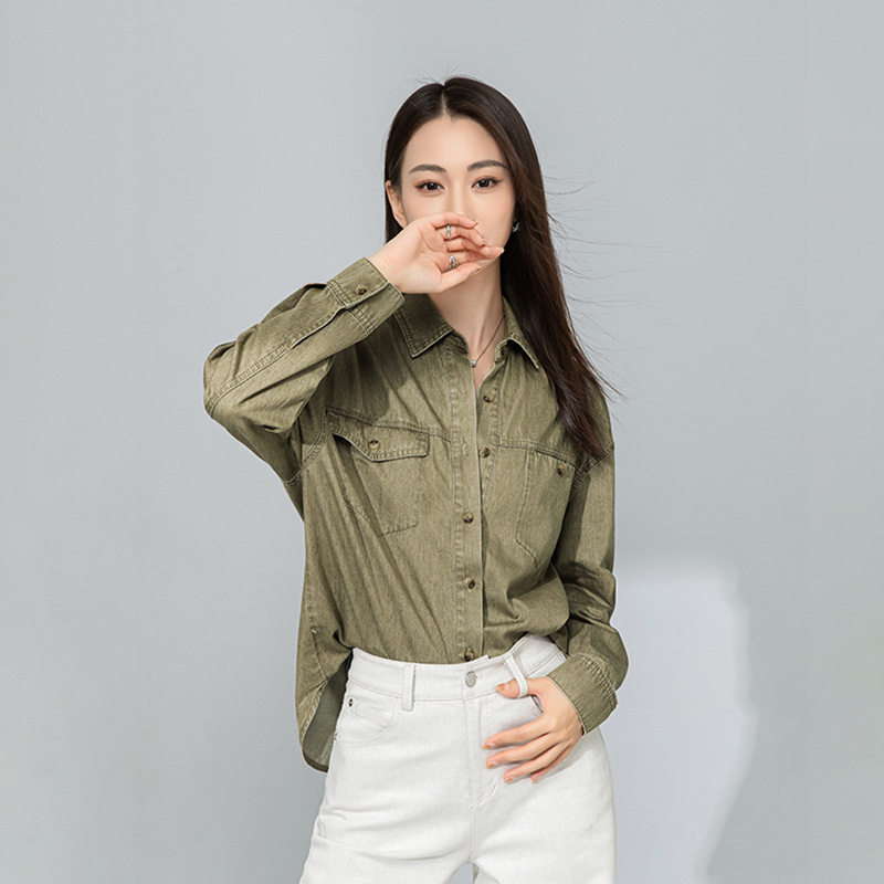 复古棉质牛仔衬衣工装绿色衬衫女