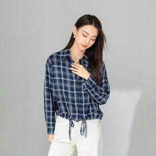【抽绳格子衬衫】忆霏春秋季新款亚麻女上衣时髦百搭宽松短款衬衣