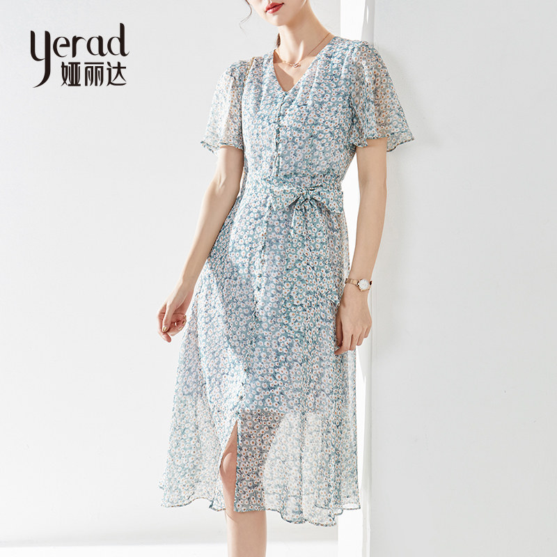 娅丽达夏季薄款法式别致碎花雪纺连衣裙女高端质感V领中长款a字裙
