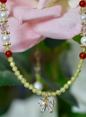 A·S仙踪绿水晶珍珠项链小众文艺复古蝴蝶项链