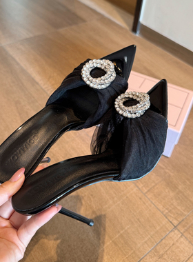 凉鞋女拖鞋外穿高跟鞋细跟尖头水钻绝美气质黑色2026年新款春季
