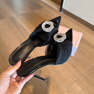 春季 凉鞋 细跟尖头水钻绝美气质黑色2026年新款 外穿高跟鞋 女拖鞋
