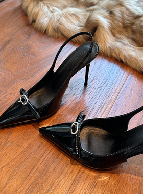 高跟鞋女2025年新款春秋细跟尖头蝴蝶结水钻高级感单鞋配裙子冬黑