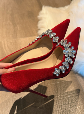 红色高跟鞋女细跟尖头水钻法式气质绝美新娘婚鞋单鞋2025年冬新款