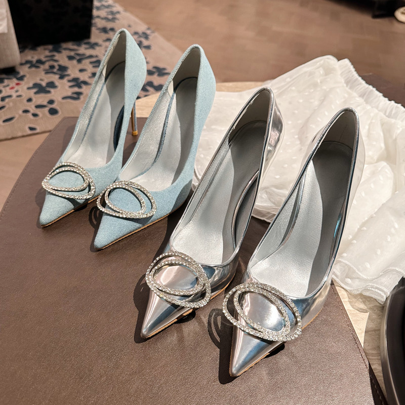 银色尖头高跟鞋女2025新款高跟细跟法式水钻扣气质名媛秋季单鞋,女鞋,浅口单鞋,淘宝优惠券,粉丝福利购,淘宝优惠卷