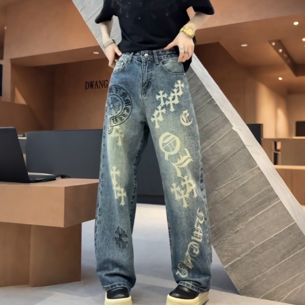 美式复古涂鸦牛仔裤女