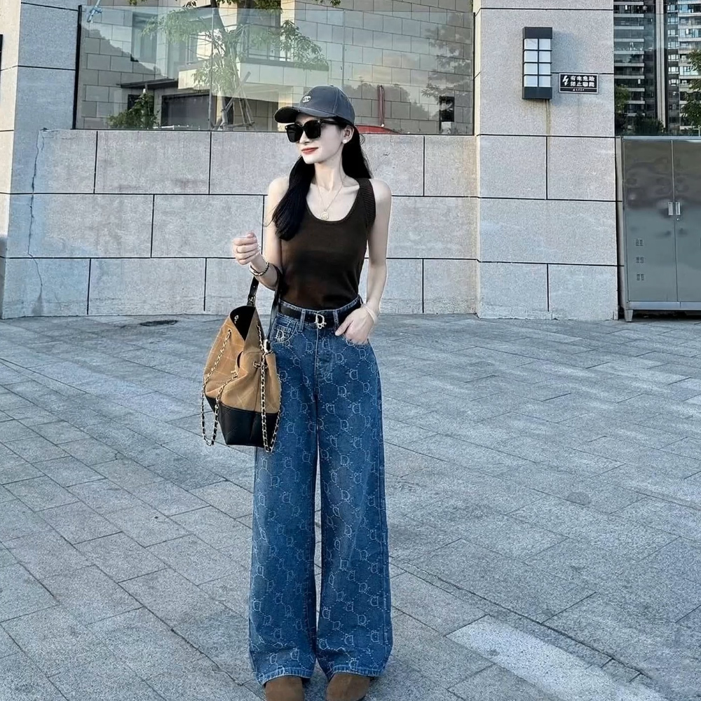 复古蓝菱格纹阔腿牛仔裤女