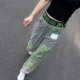 字母腰头高腰显瘦休闲百搭直筒长裤 时尚 新款 女夏季 拼色破洞牛仔裤