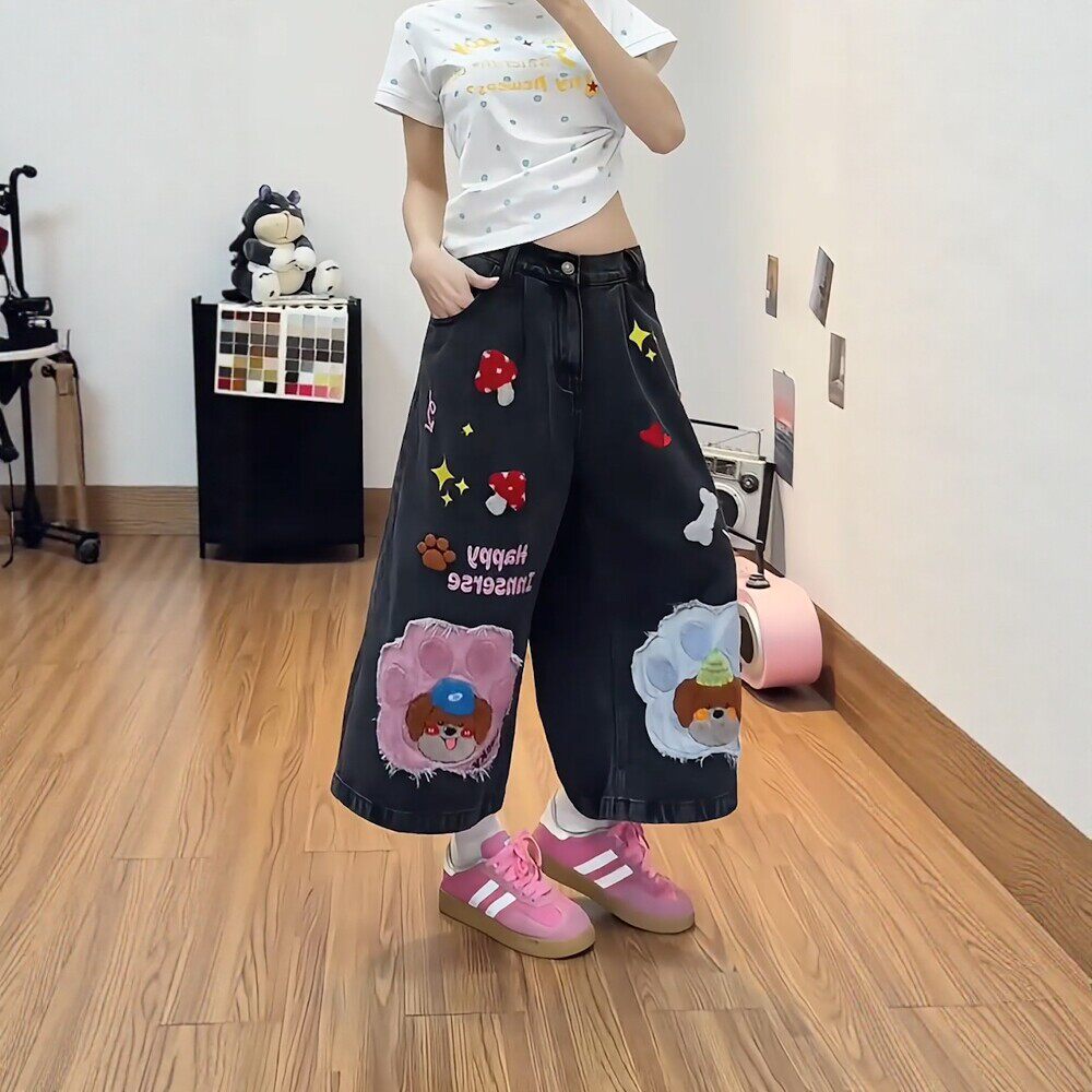 美式卡通刺绣七分牛仔裤女夏季新款休闲时尚直筒潮裤宽松阔腿裤