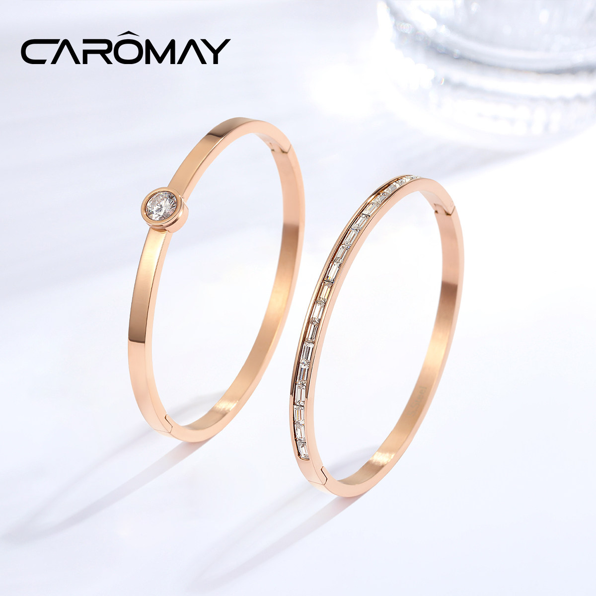 CAROMAY时尚轻奢高级感钛钢手镯女百搭精致ins风两件套香槟金手饰