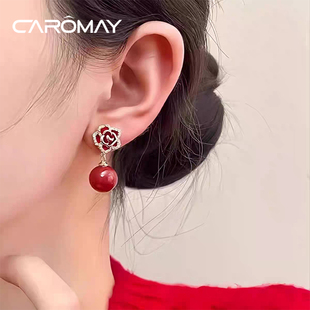 卡洛美绛色玫瑰耳环女气质花朵耳钉复古红色百搭耳坠小众简约耳饰