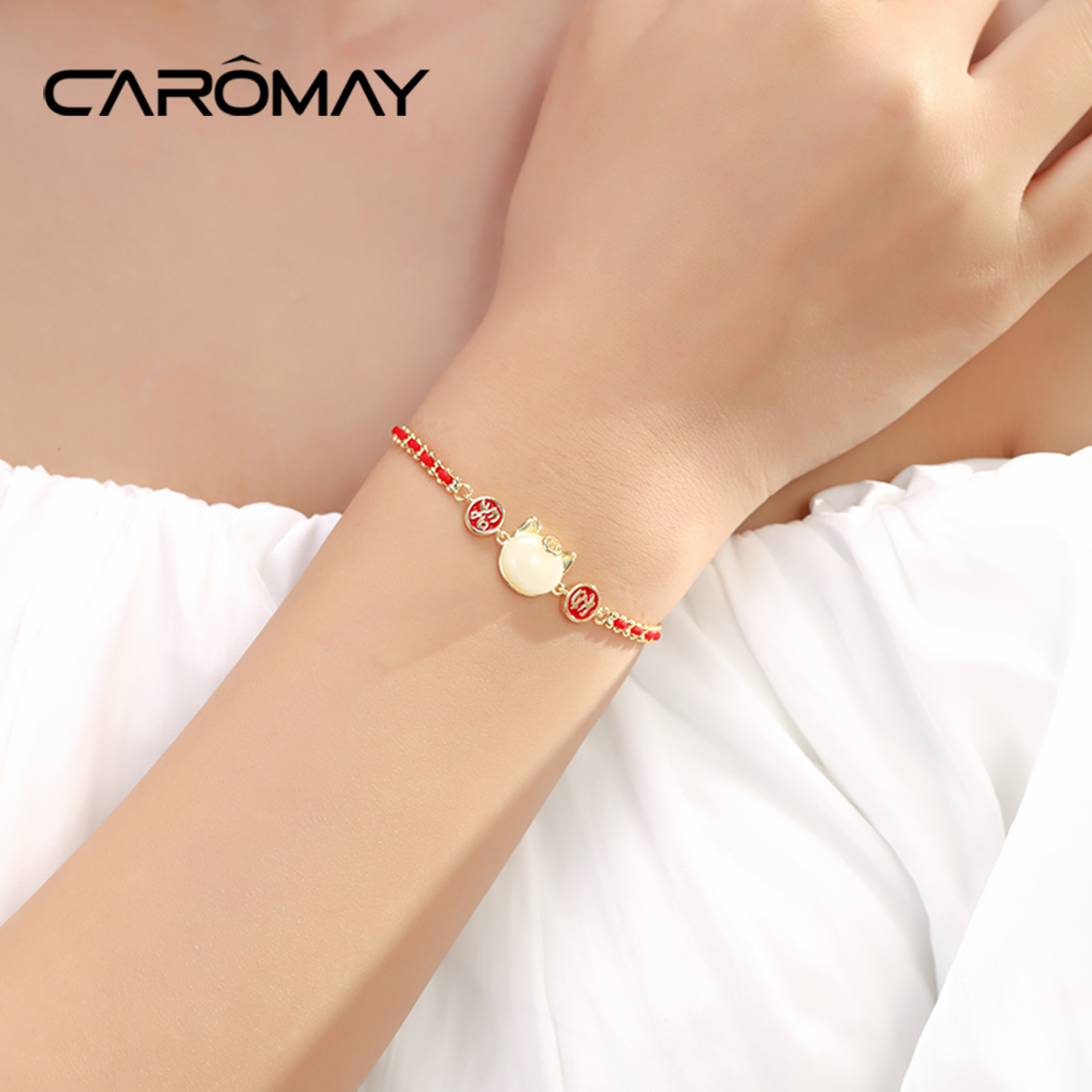 卡洛美招财猫手链女马年本命年转运珠红绳编织手绳红色招财手饰品