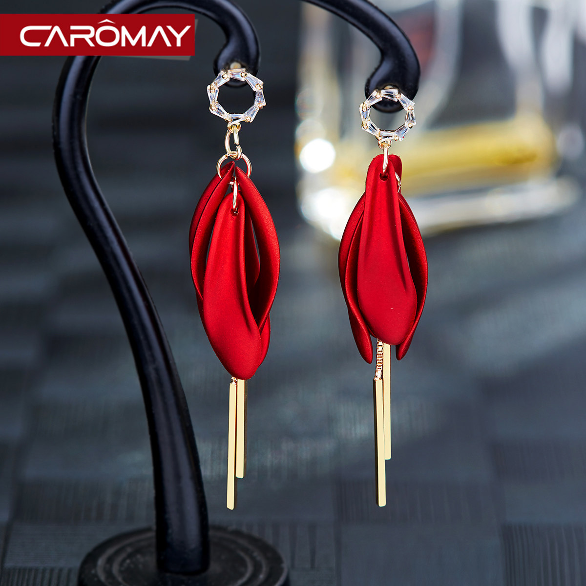 红色花瓣耳环女长款流苏秋冬新年耳坠气质耳钉复古花朵耳饰显脸瘦