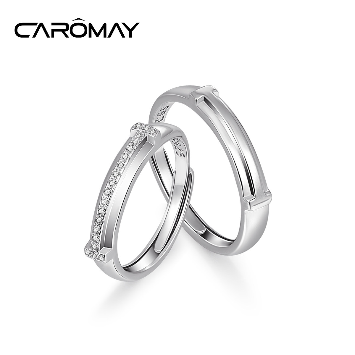 CAROMAY银饰情侣对戒S925银开口戒指小众轻奢戒指女男情人节送礼