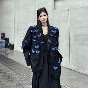 mapogo小众设计感满天星亮闪闪西装外套女可拆卸蝴蝶宽松垫肩西服