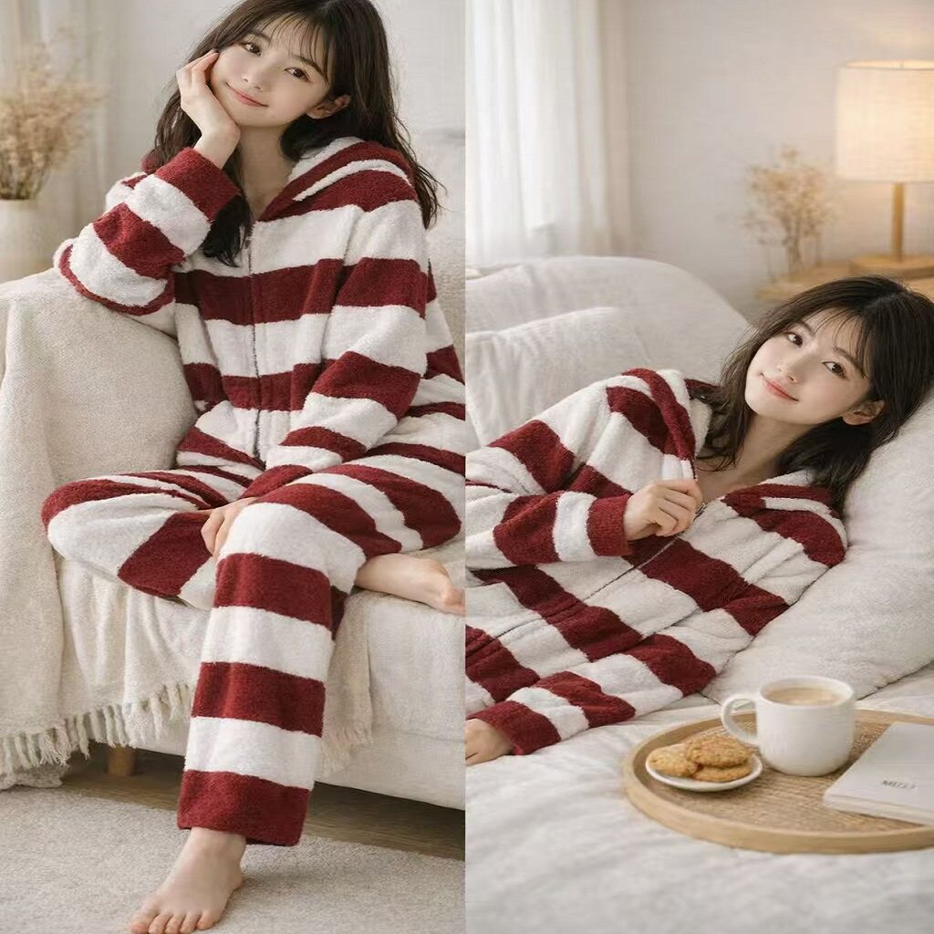秋冬保暖女式发热毛毛纱家居连帽开衫套头上衣睡衣冬季可外穿保暖