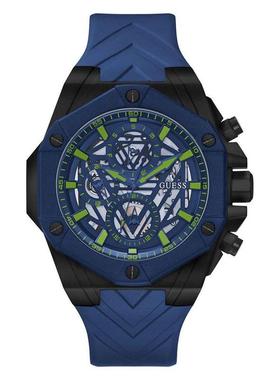 代购GUESS男士腕表计时日历夜光双时区硅胶蓝色树脂防水运动休闲