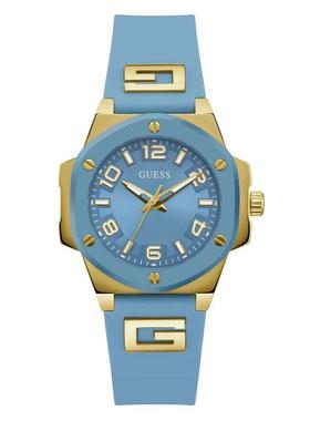 代购GUESS女士腕表模拟显示日期防水计时硅胶金属蓝色金色日常