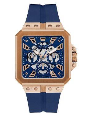 代购GUESS男士腕表计时夜光日期多时区金属防水硅胶蓝色运动休闲