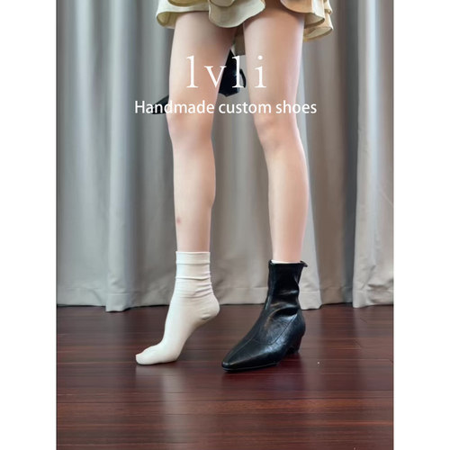 马上发！牛皮法式尖头粗跟时装靴