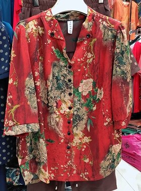 中老年女装云纱真丝锻妈妈装开衫外套褂子七八分中袖印花多扣v领