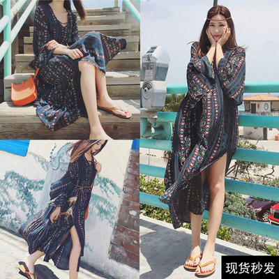 民族风沙滩裙女三亚海边度假波西米亚长裙大码胖mm显瘦红色连衣裙
