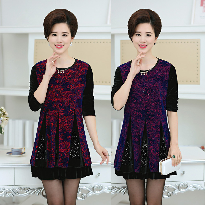 Trung niên và cũ đầm lụa mùa xuân và mùa hè ăn mặc trong phần dài của lụa mẹ đầm ngắn tay lớn kích thước của phụ nữ lỏng cổ tròn áo kiểu trung niên hàn quốc