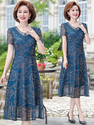 Shiffon summer dress, fashionable skirt for mother, with short sleeve, for middle age, western style