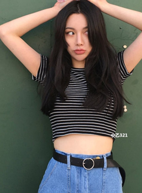 黑白彩虹条纹短款短袖t恤女夏