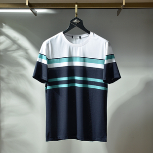 短袖 柒系列品牌男装 T恤 休闲圆领轻薄透气条纹衫 青年时尚 夏季 男士