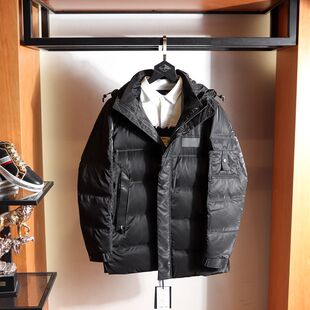 精品男装 秋冬季厚款黑色修身中长款连帽休闲流行羽绒服外套