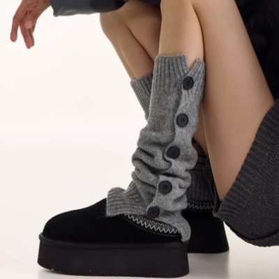 纽扣开叉针织堆堆袜套叠穿女秋冬加厚保暖时尚深灰色腿套配雪地靴