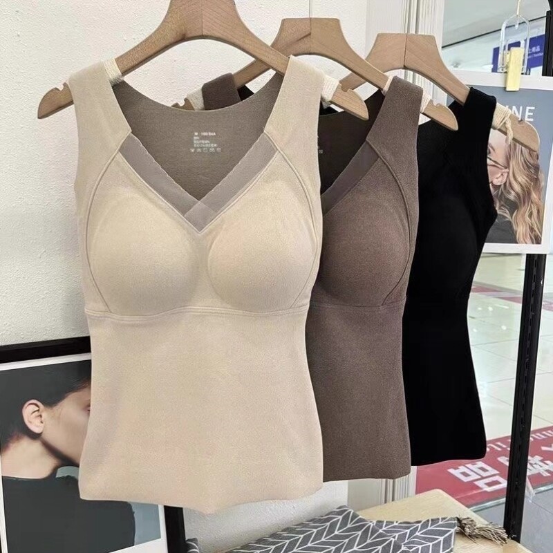 秋冬石墨烯保暖背心女带胸垫冬季免穿文胸德绒磨面1.8厘米固定杯