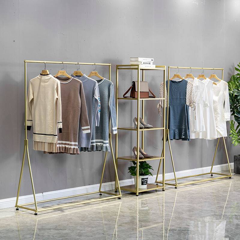服装店展示架简约金色挂衣杆落地挂衣架女装店专用货架童装侧挂架