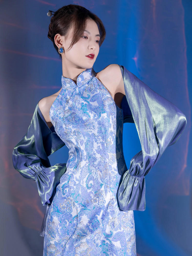 壹贰定制新款无袖蓝色不规则旗袍
