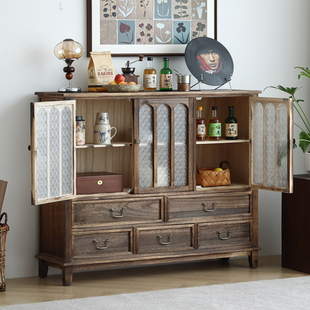 中古风实木餐边柜靠墙一体储物柜客厅多功能带门酒柜抽屉式小斗柜